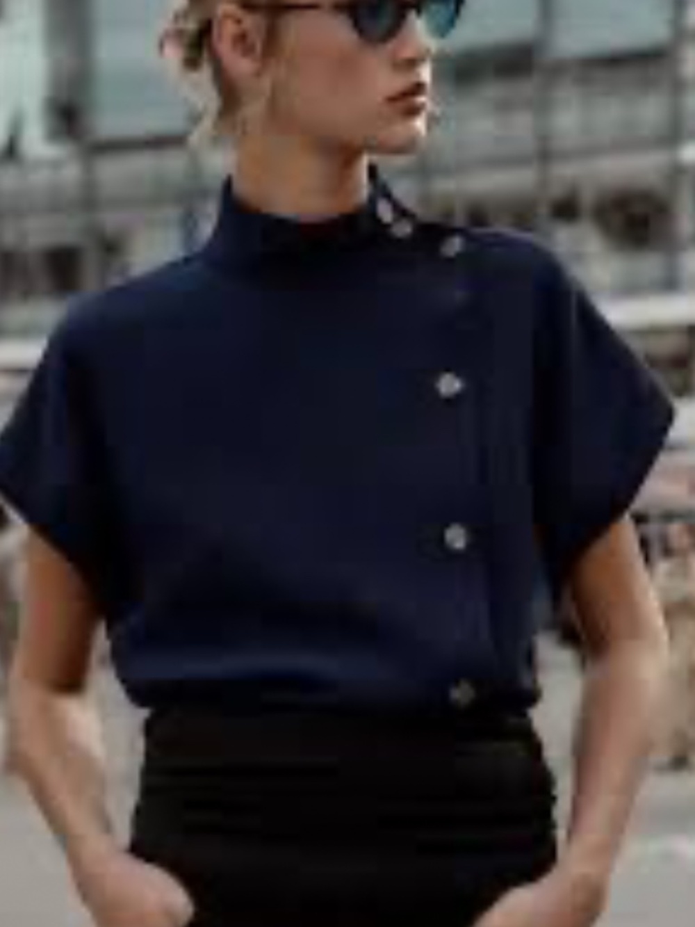 Zara Navy Asymmetric Button Blouse | Size XS | NWOT